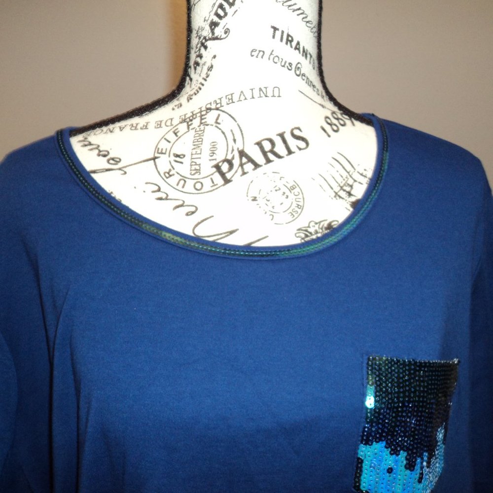 Quacker Factory Women's Plus Size 3X Blue Short Sleeve Top Shirt Sequins